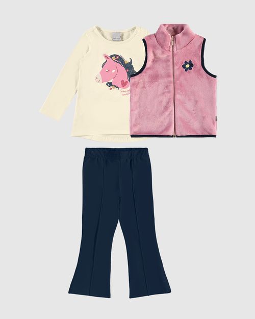 Conjunto Infantil Menina 3 Peças Colete + Blusa + Calça Flare Malwee Kids
