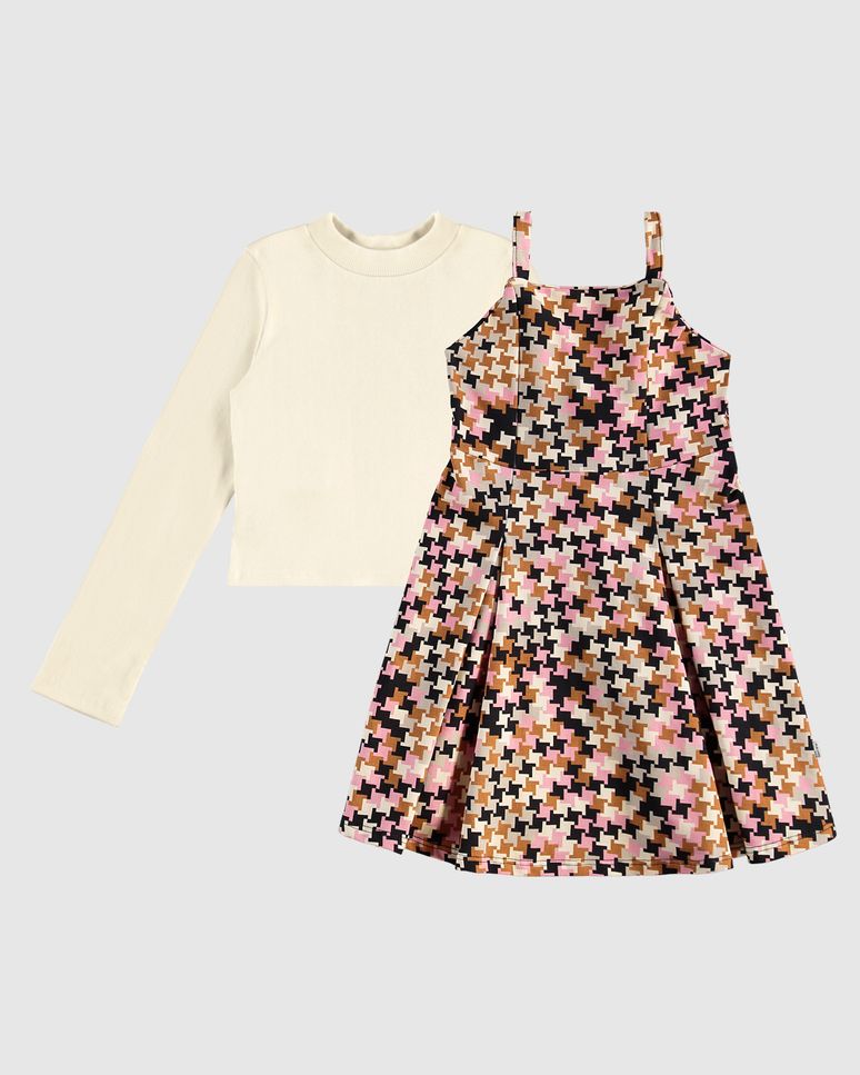 Conjunto Infantil Menina Blusa E Vestido Estampado Pied De Poule Malwee Kids