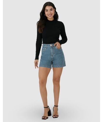 Shorts Feminino Mom Bolso Funcional Em Jeans Com Elastano