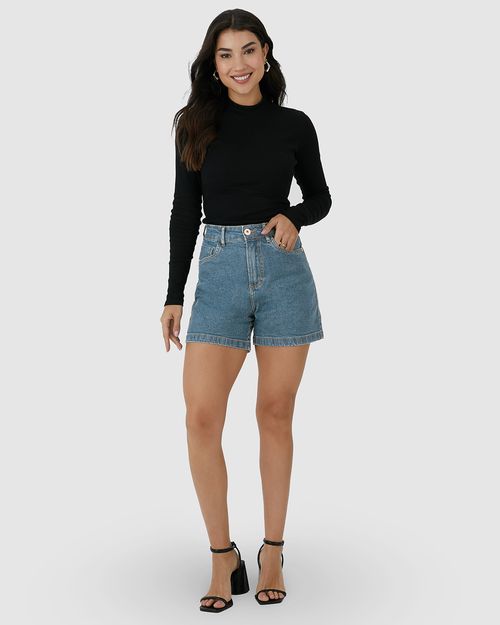 Shorts Feminino Mom Bolso Funcional Em Jeans Com Elastano