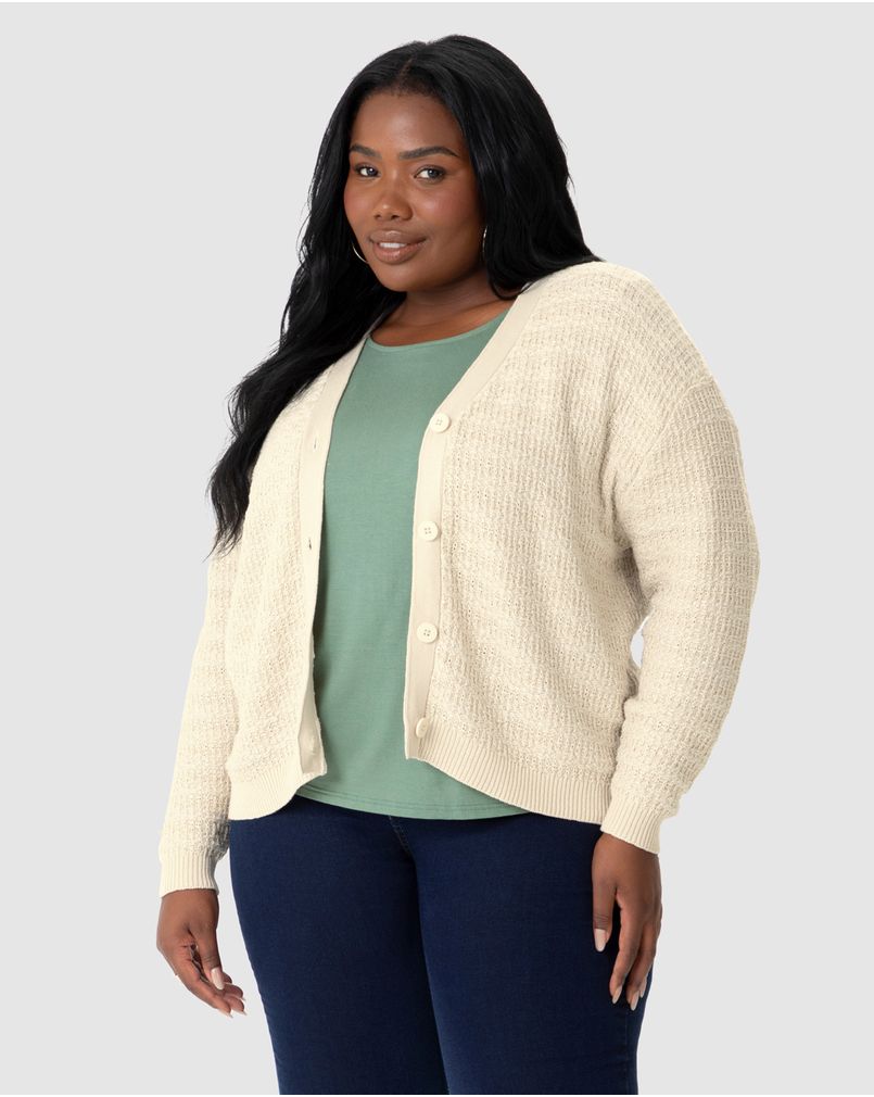 Cardigan Amplo Feminino Plus Size Em Tricô Lurex OFF WHITE - Malwee