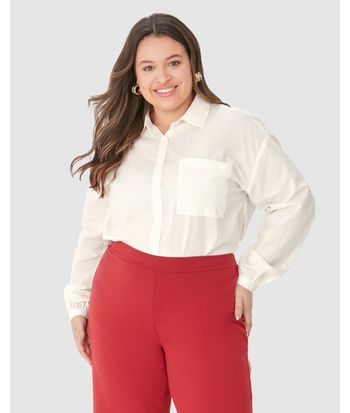 Camisa Feminina Plus Size Bolso Frontal Em Tricoline