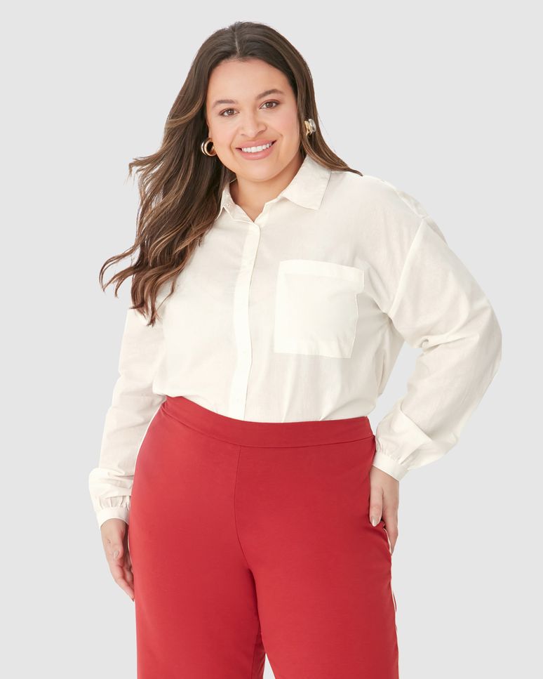 Camisa Feminina Plus Size Bolso Frontal Em Tricoline