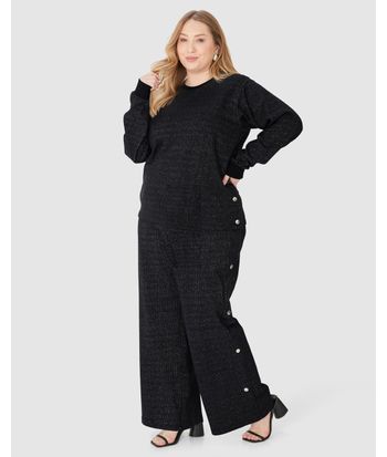 Calça Wide Leg Feminina Plus Size Botões Decorativos Em Moletinho Lurex