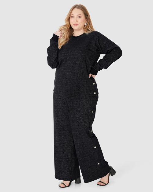 Calça Wide Leg Feminina Plus Size Botões Decorativos Em Moletinho Lurex