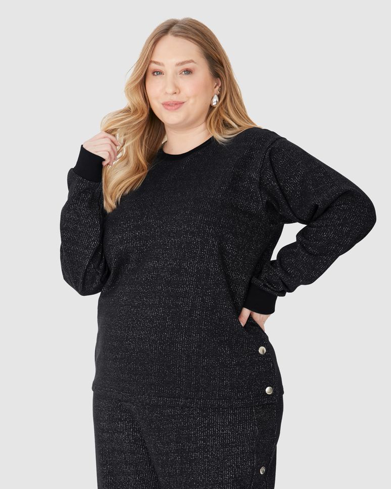 Blusão Feminino Plus Size Abertura Lateral Por Botões Em Moletinho Lurex