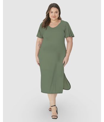 Vestido Midi Feminino Plus Size Fenda Lateral Em Malha Viscolinho Stretch