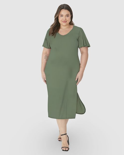 Vestido Midi Feminino Plus Size Fenda Lateral Em Malha Viscolinho Stretch