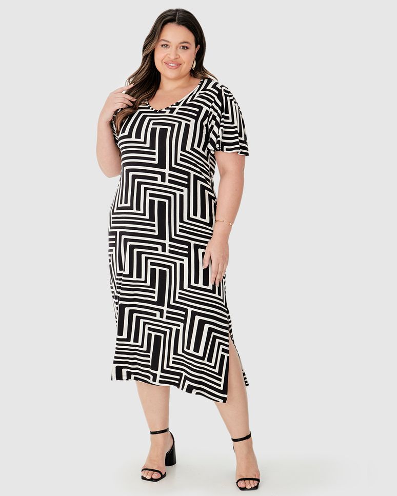 Vestido Midi Feminino Plus Size Fenda Lateral Em Malha Viscolinho Stretch