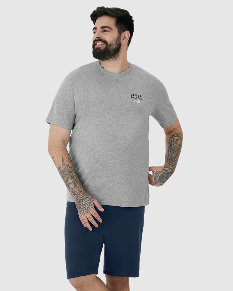 Pijama Masculino Plus Size Camiseta Manga Curta Sleep Mode Em Algodão