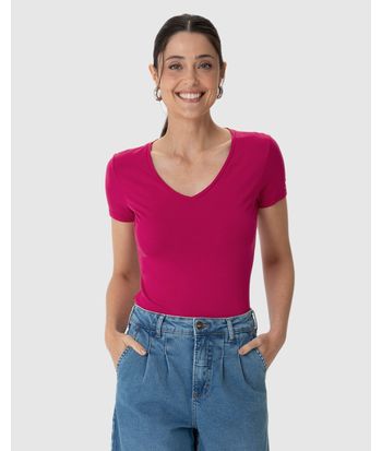 Blusa Básica Feminina Decote V Em Viscose Stretch