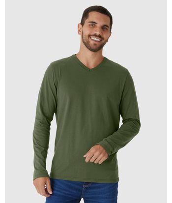 Camiseta Básica Masculina Decote V Manga Longa  Em Algodão