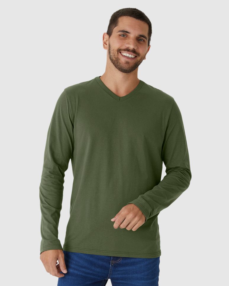 Camiseta Básica Masculina Decote V Manga Longa  Em Algodão