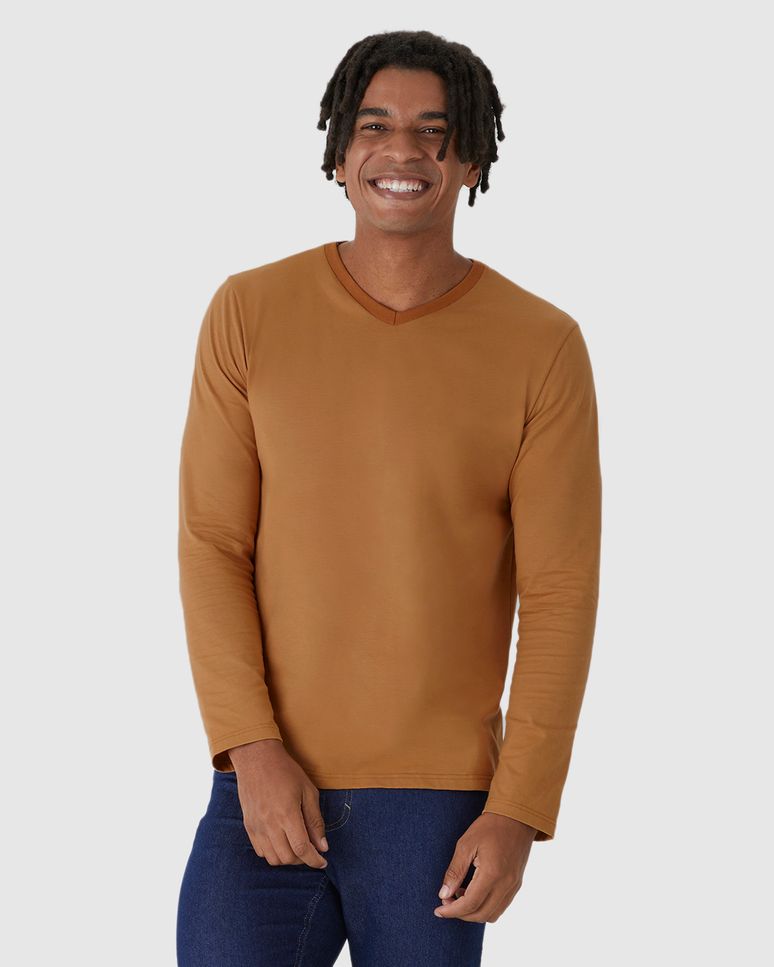 Camiseta Básica Masculina Decote V Manga Longa  Em Algodão
