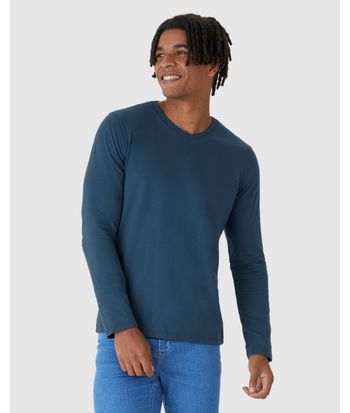 Camiseta Básica Masculina Decote V Manga Longa  Em Algodão