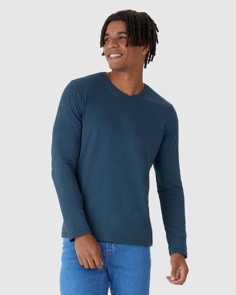 Camiseta Básica Masculina Decote V Manga Longa  Em Algodão