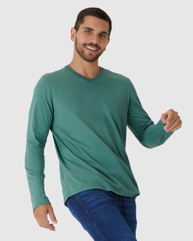 Camiseta Básica Masculina Decote V Manga Longa  Em Algodão