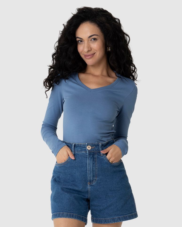 Blusa Básica Feminina Gola V Manga Longa Em Algodão