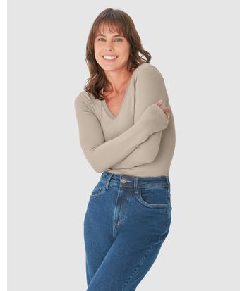 Blusa Básica Feminina Gola V Manga Longa Em Algodão