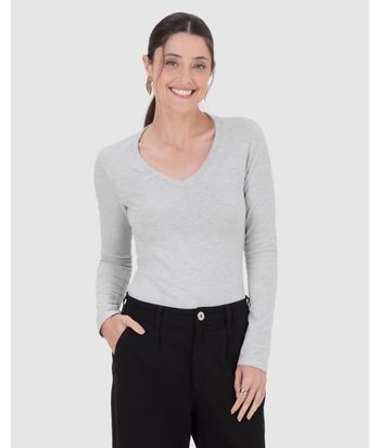 Blusa Básica Feminina Gola V Manga Longa Em Algodão