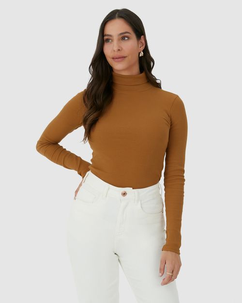 Blusa Básica Feminina Gola Alta Manga Longa Em Ribana