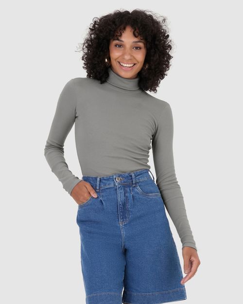 Blusa Básica Feminina Gola Alta Manga Longa Em Ribana