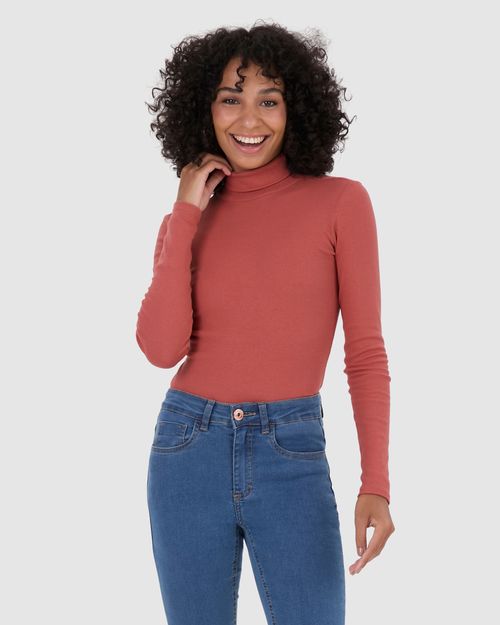 Blusa Básica Feminina Gola Alta Manga Longa Em Ribana