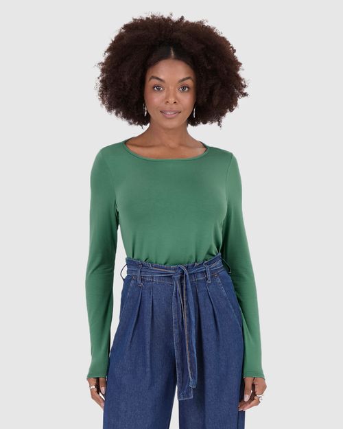 Blusa Básica Feminina Manga Longa Decote Canoa Em Viscose Stretch
