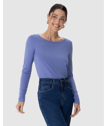 Blusa Básica Feminina Manga Longa Decote Canoa Em Viscose Stretch