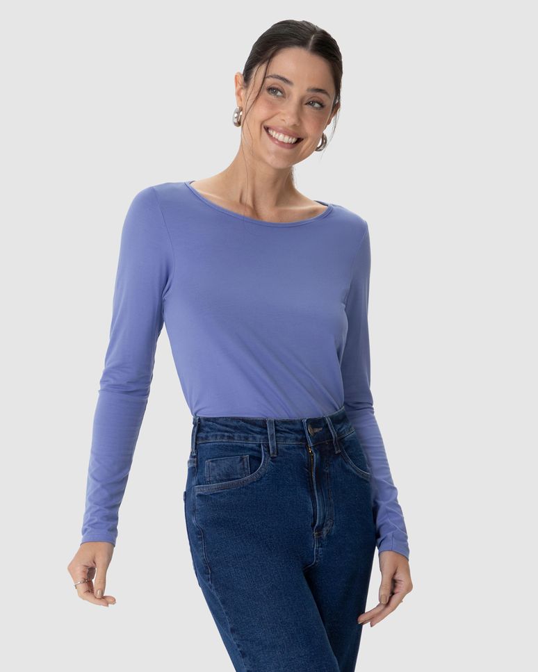 Blusa Básica Feminina Manga Longa Decote Canoa Em Viscose Stretch