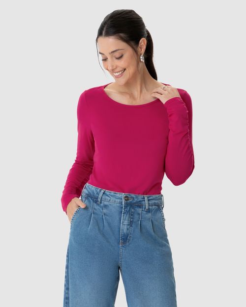 Blusa Básica Feminina Manga Longa Decote Canoa Em Viscose Stretch