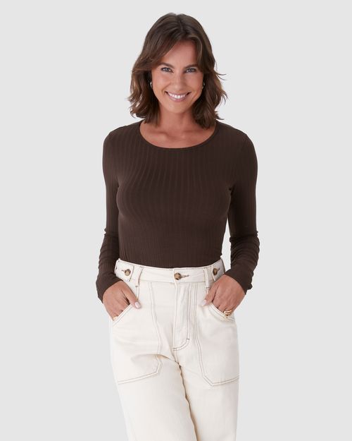 Blusa Básica Feminina Manga Longa Em Malha Canelada De Viscose