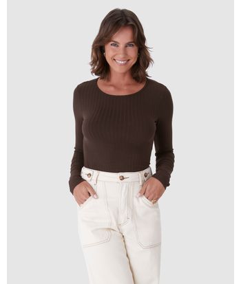 Blusa Básica Feminina Manga Longa Em Malha Canelada De Viscose