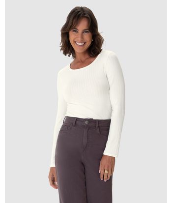 Blusa Básica Feminina Manga Longa Em Malha Canelada De Viscose