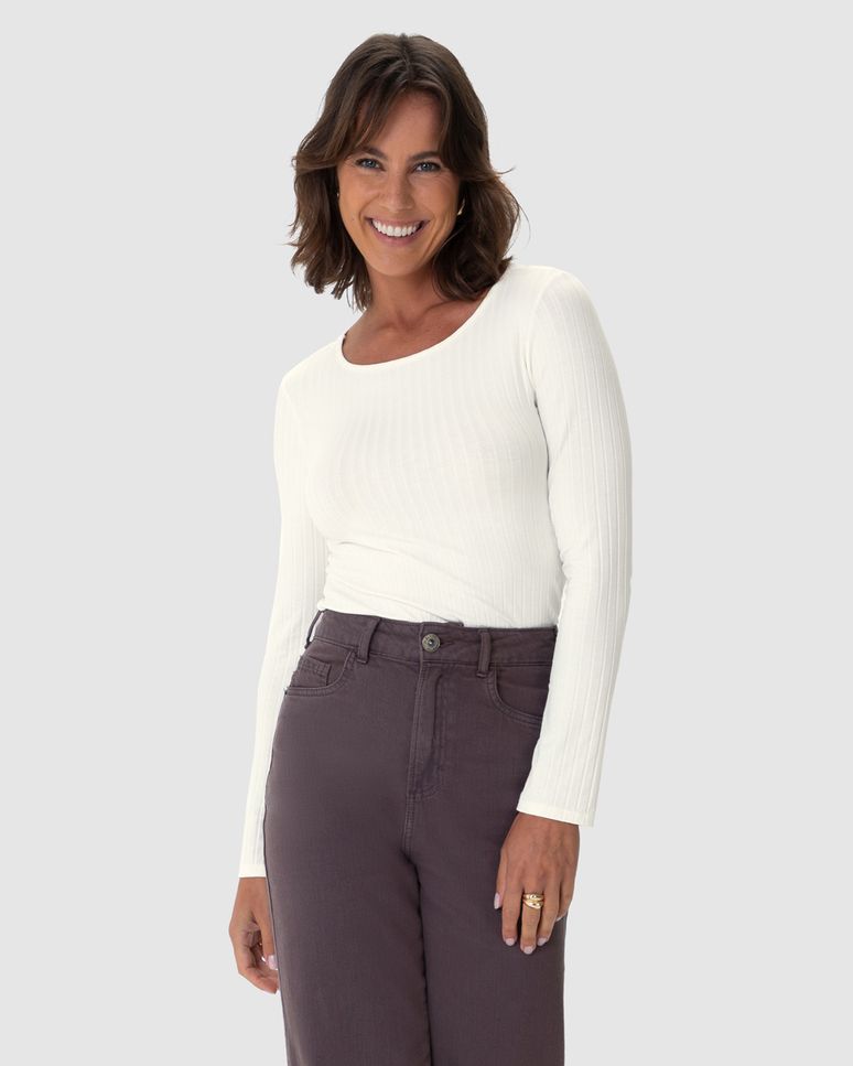 Blusa Básica Feminina Manga Longa Em Malha Canelada De Viscose