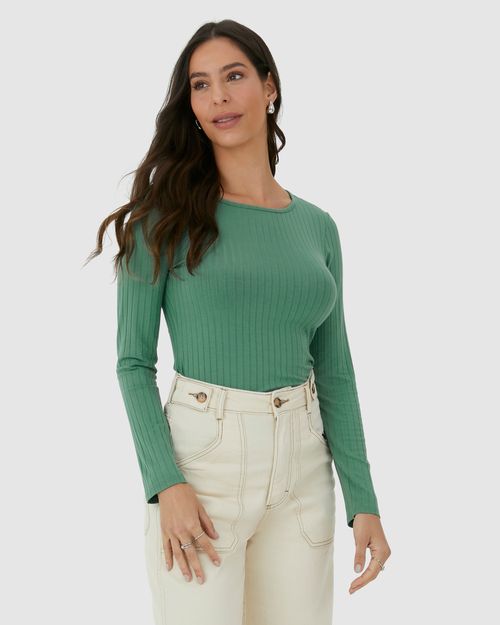 Blusa Básica Feminina Manga Longa Em Malha Canelada De Viscose