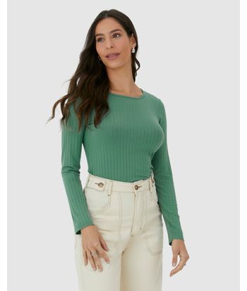 Blusa Básica Feminina Manga Longa Em Malha Canelada De Viscose