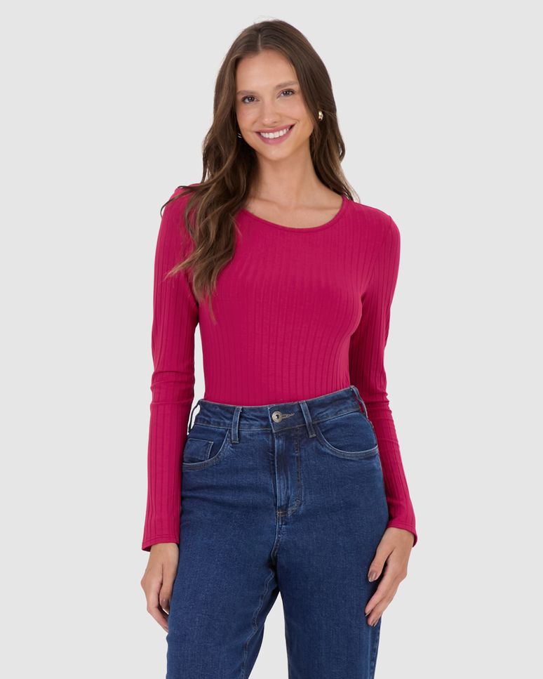 Blusa Básica Feminina Manga Longa Em Malha Canelada De Viscose