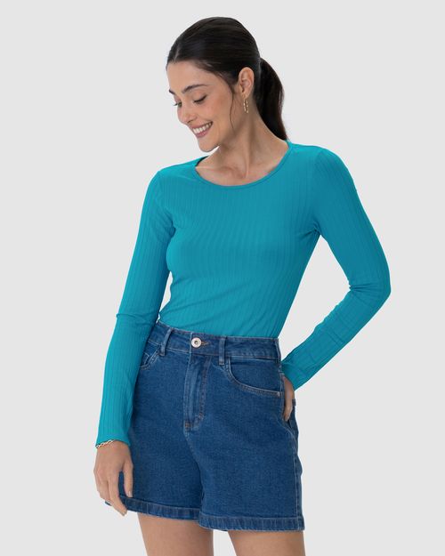Blusa Básica Feminina Manga Longa Em Malha Canelada De Viscose