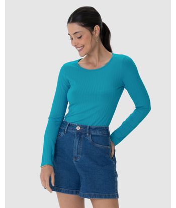 Blusa Básica Feminina Manga Longa Em Malha Canelada De Viscose