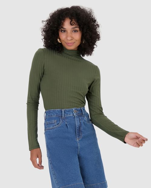Blusa Básica Feminina Gola Alta Em Malha Canelada De Viscose
