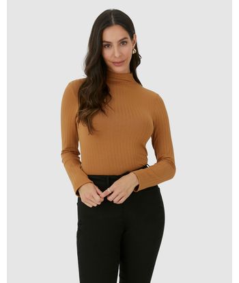Blusa Básica Feminina Gola Alta Em Malha Canelada De Viscose