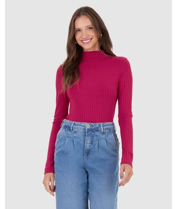 Blusa Básica Feminina Gola Alta Em Malha Canelada De Viscose