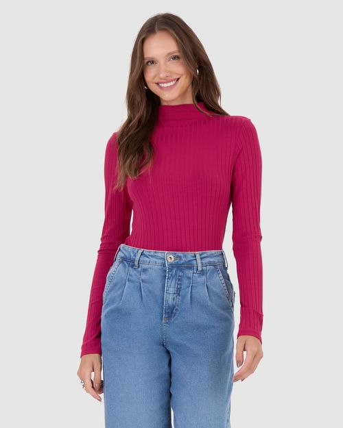 Blusa Básica Feminina Gola Alta Em Malha Canelada De Viscose