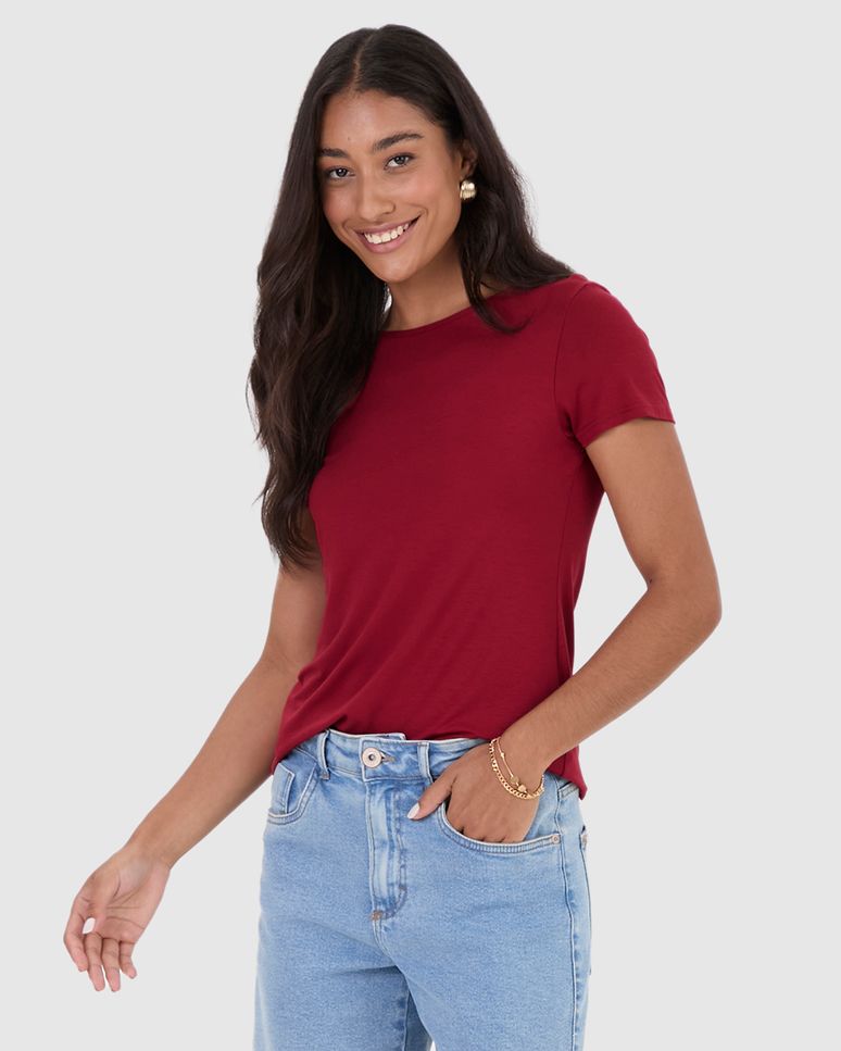Blusa Básica Feminina Decote Redondo Em Viscose Stretch