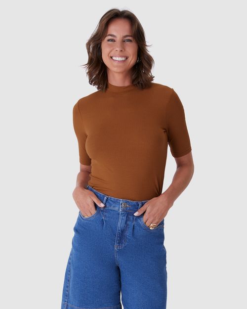 Blusa Básica Feminina Gola Alta Em Canelado De Viscose