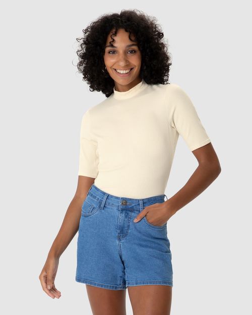 Blusa Básica Feminina Gola Alta Em Canelado De Viscose