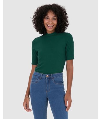 Blusa Básica Feminina Gola Alta Em Canelado De Viscose