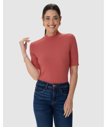 Blusa Básica Feminina Gola Alta Em Canelado De Viscose