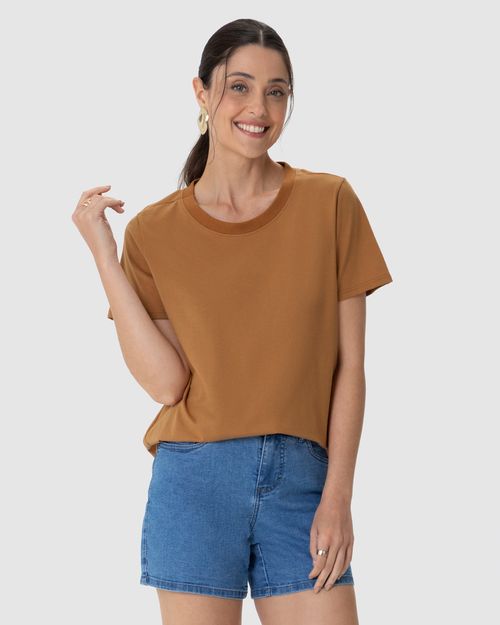 Blusa Básica Feminina Decote Redondo Com Pesponto Em Algodão